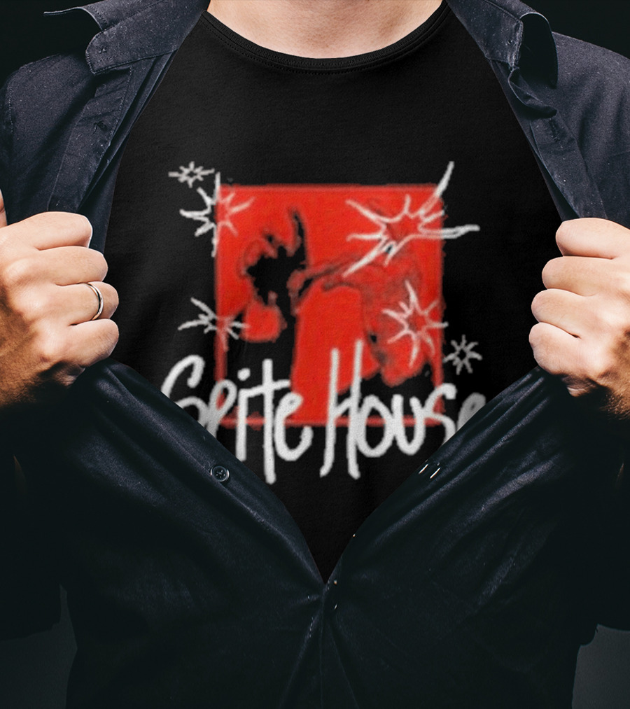 Spite House Red Square Sketch Art With Hands And Starburst T-Shirt