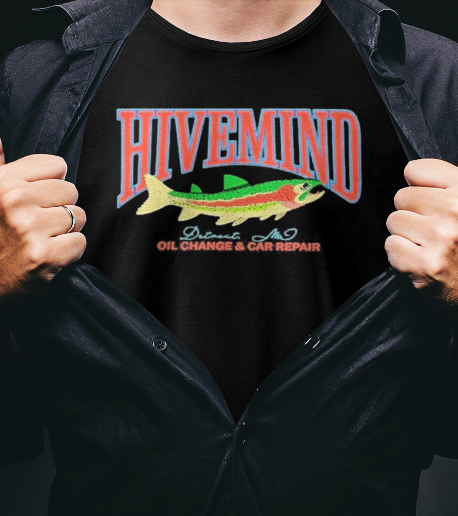 Hivemind Oil Change And Car Repair French Terry Stitched Fish T-Shirt
