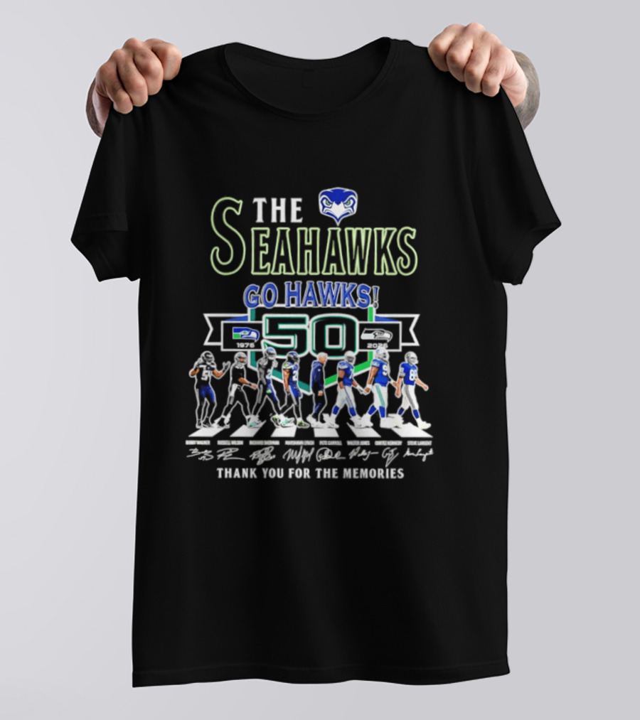 The Seahawks Go Hawks 50th Anniversary Thank You For The Memories 1976 2026 Signatures T-Shirt