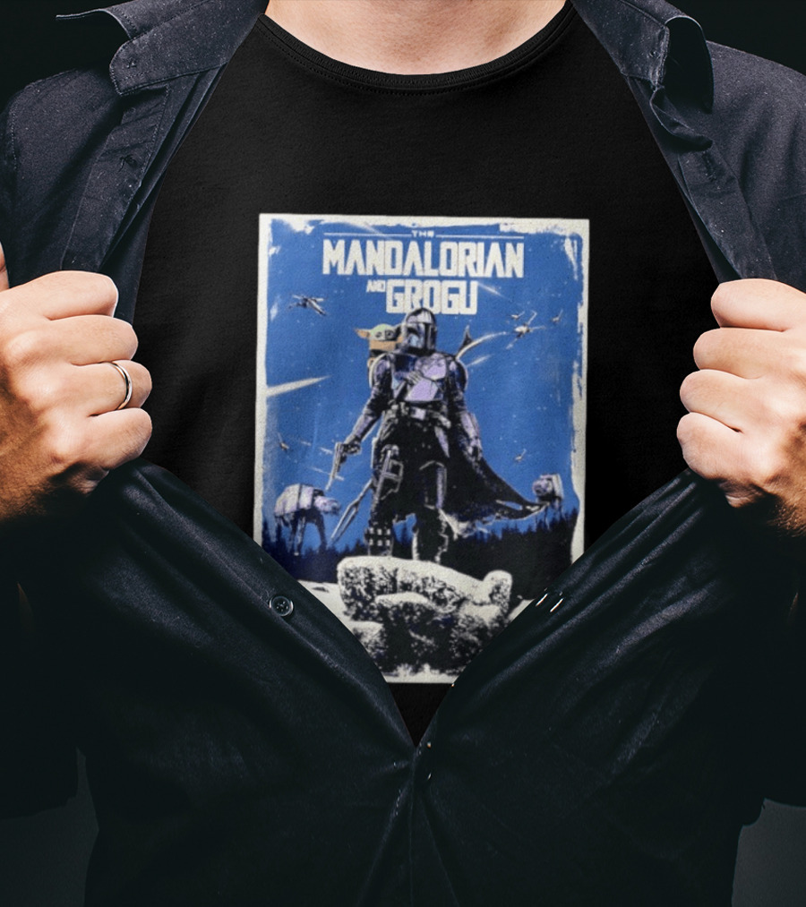 The Mandalorian And Grogu Star Wars Baby Yoda Scene With AT AT And X Wings T-Shirt
