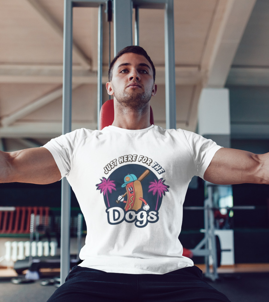 Just Here For The Dogs Cartoon Hot Dog Baseball Palm Trees T-Shirt