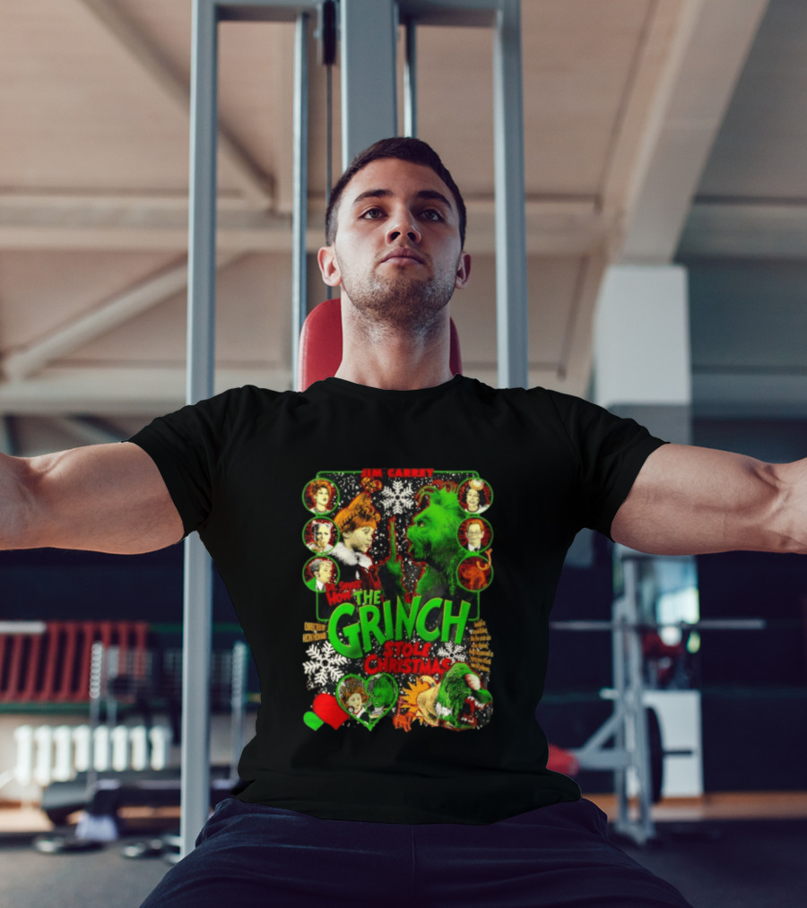 Jim Carrey Dr Seuss How The Grinch Stole Christmas Movie With Characters And Snowflakes T-Shirt