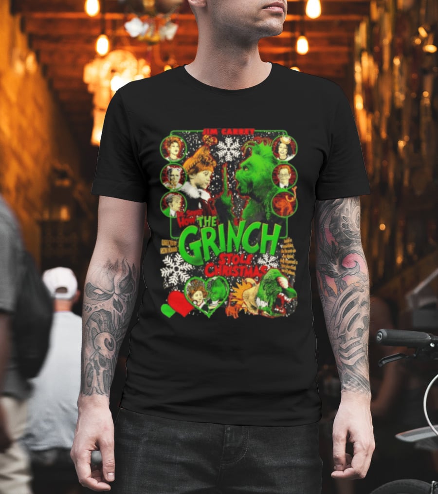 Jim Carrey Dr Seuss How The Grinch Stole Christmas Movie With Characters And Snowflakes T-Shirt