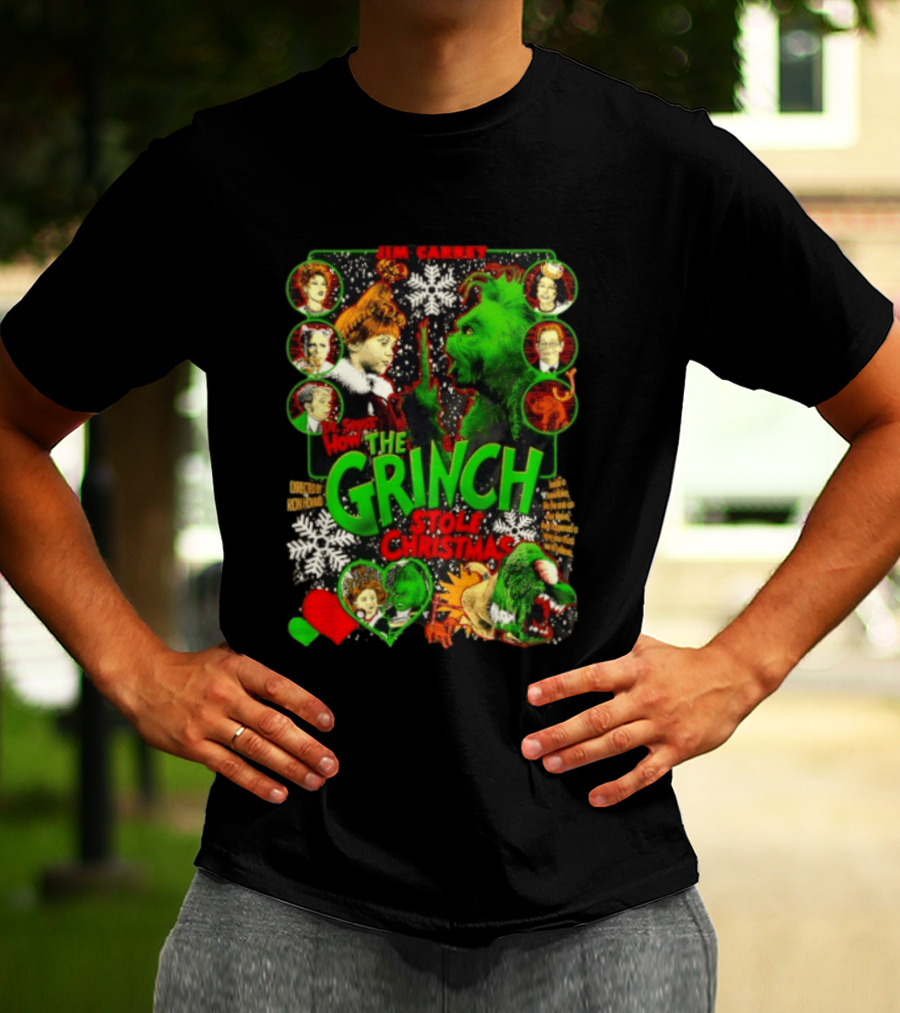 Jim Carrey Dr Seuss How The Grinch Stole Christmas Movie With Characters And Snowflakes T-Shirt
