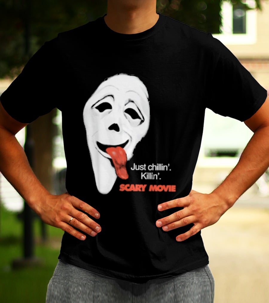 Just Chillin' Killin' Scary Movie Ghostface Mask With Red Tongue T-Shirt