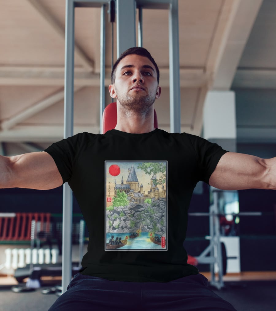 Hogwarts School Of Witchcraft And Wizardry Japanese Ukiyo E Style Castle With Boats And Red Sun T-Shirt