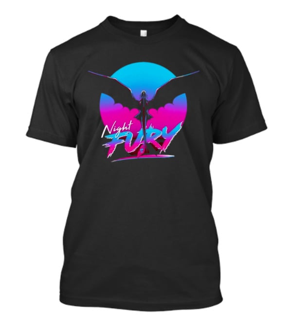 Night Fury Dragon Silhouette Neon Blue And Pink T-Shirt