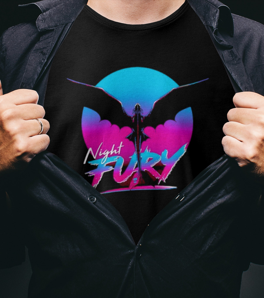 Night Fury Dragon Silhouette Neon Blue And Pink T-Shirt