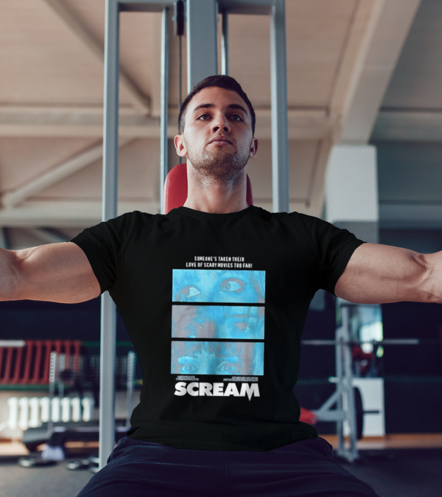 Someone's Taken Their Love Of Scary Movies Too Far Scream Eyes Dramatic Blue Panels T-Shirt
