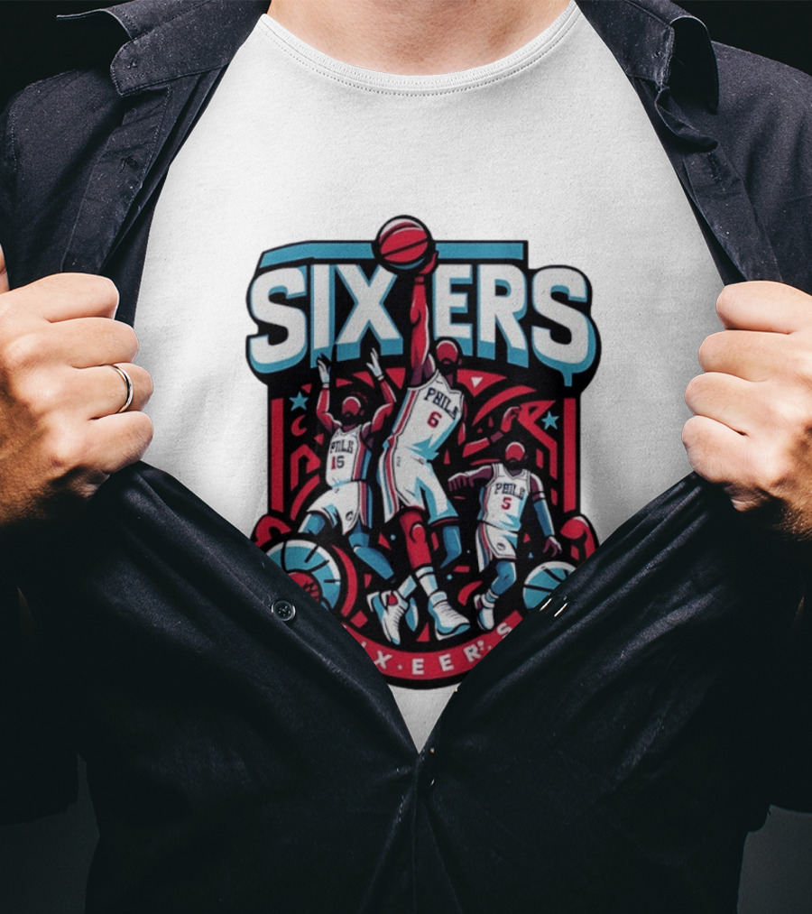 Philadelphia Sixers 2026 NBA Collage Featuring Number 6 Phila Basketball Player T-Shirt
