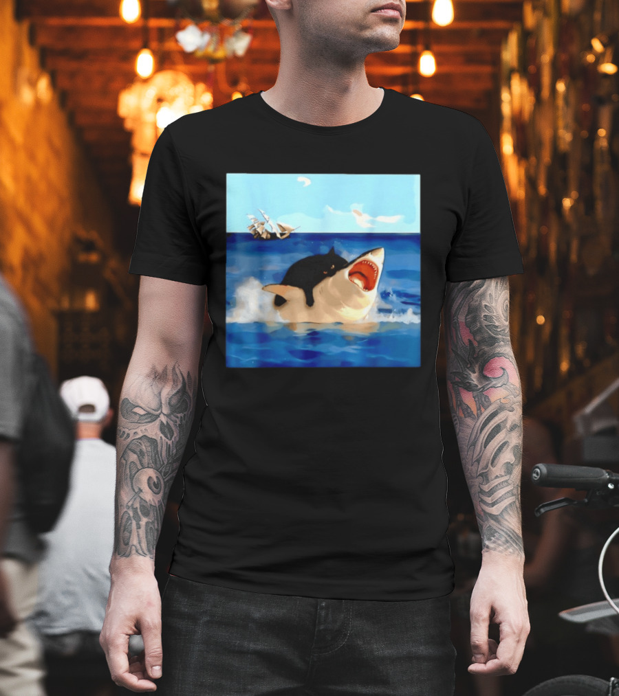 Black Cat Riding Great White Shark With Ocean And Sailing Ship T-Shirt