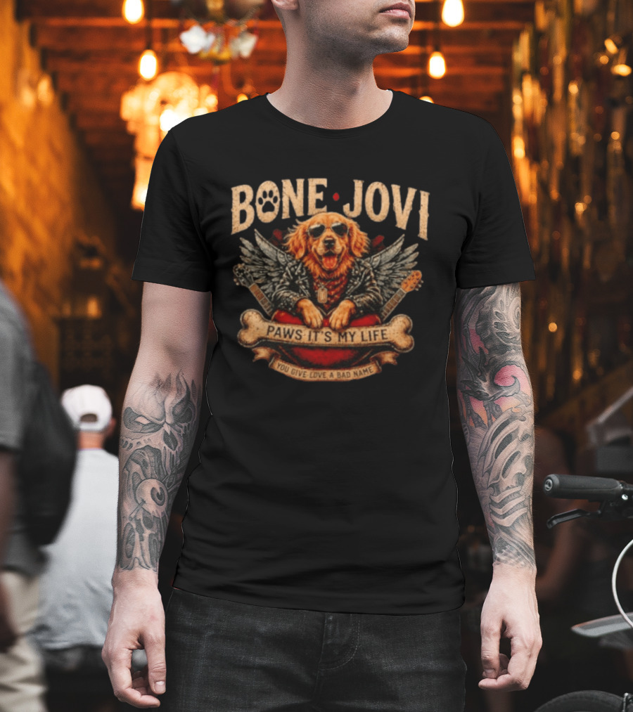 Bone Jovi Paws It's My Life You Give Love A Bad Name Golden Retriever Wings Guitar T-Shirt