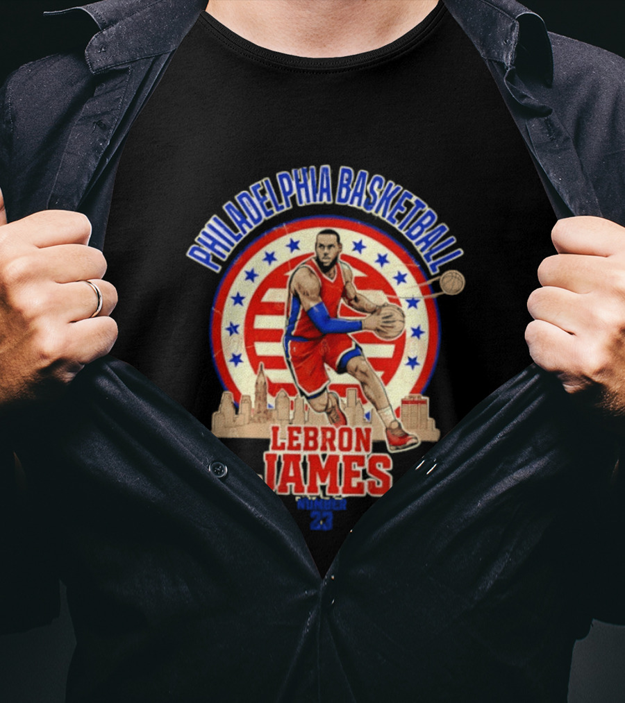 Philadelphia Basketball LeBron James City Skyline Player Red And Blue T-Shirt