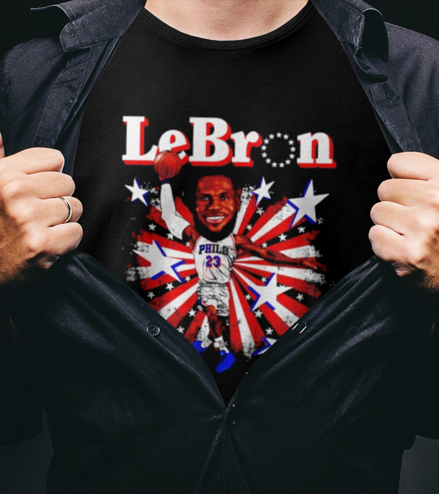 LeBron Stars PH 23 Basketball Caricature 76ers Red White Blue T-Shirt