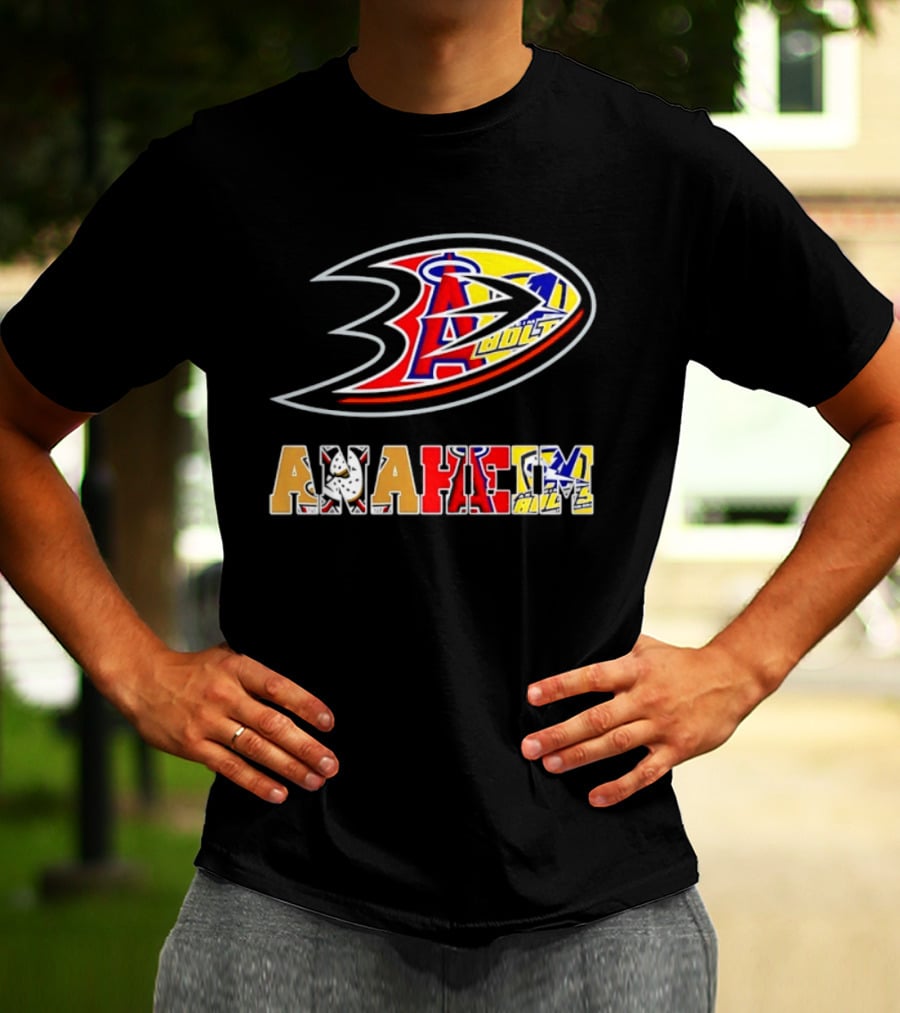 Anaheim Ducks Los Angeles Angels Anaheim Bolts Collage Anaheim Text And Logos T-Shirt