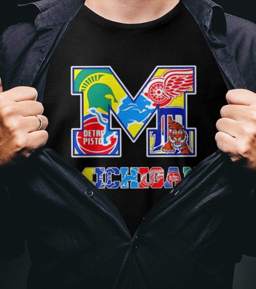 Michigan Detroit Pistons Red Wings Tigers Lions Wolverines Icons M T-Shirt
