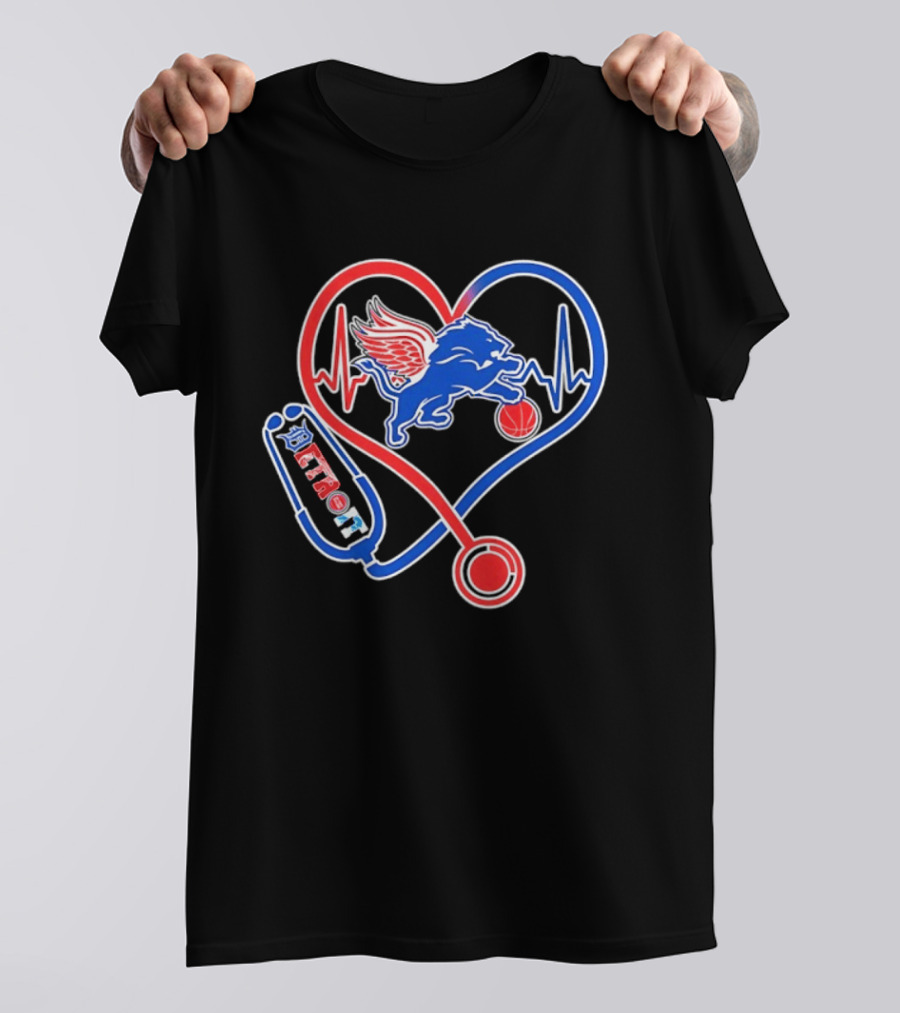 Detroit Heartbeat Stethoscope Lion Playing Basketball T-Shirt