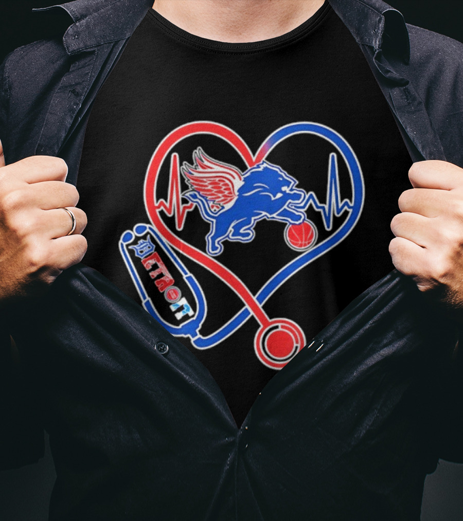Detroit Heartbeat Stethoscope Lion Playing Basketball T-Shirt