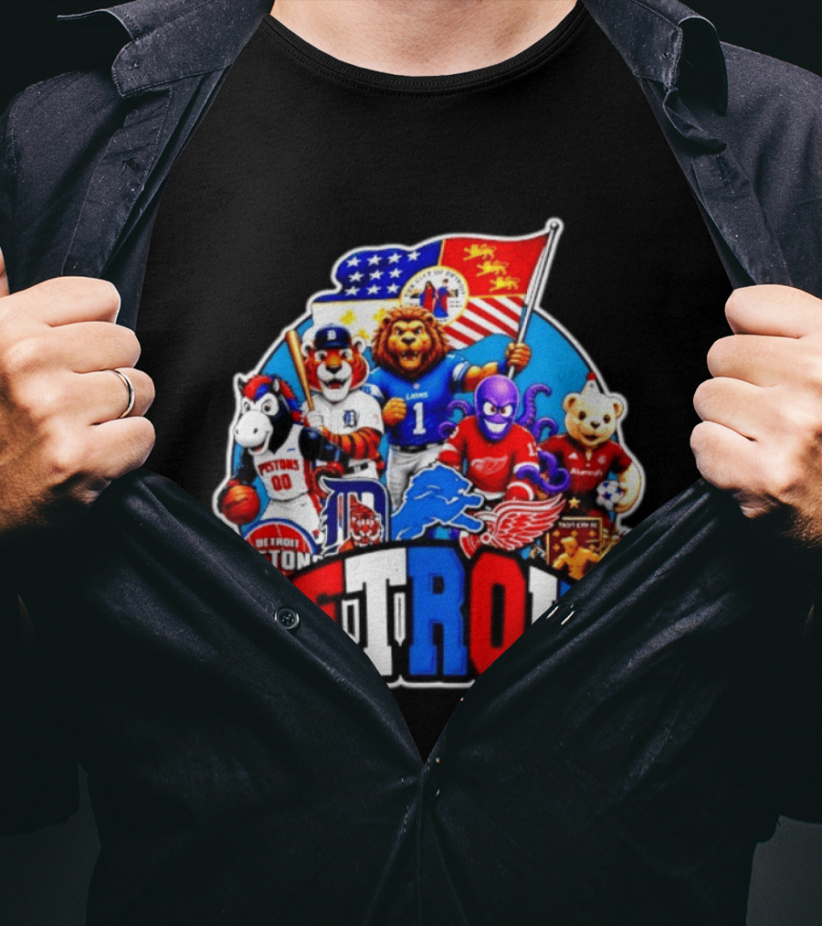 Detroit Lions Tigers Pistons Red Wings Mascots With Flag T-Shirt
