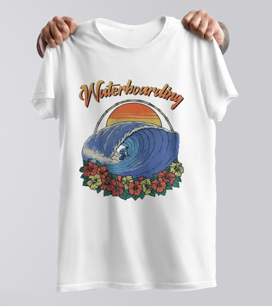 Waterboarding Surfing Tropical Hibiscus Flower Sunset Wave T-Shirt
