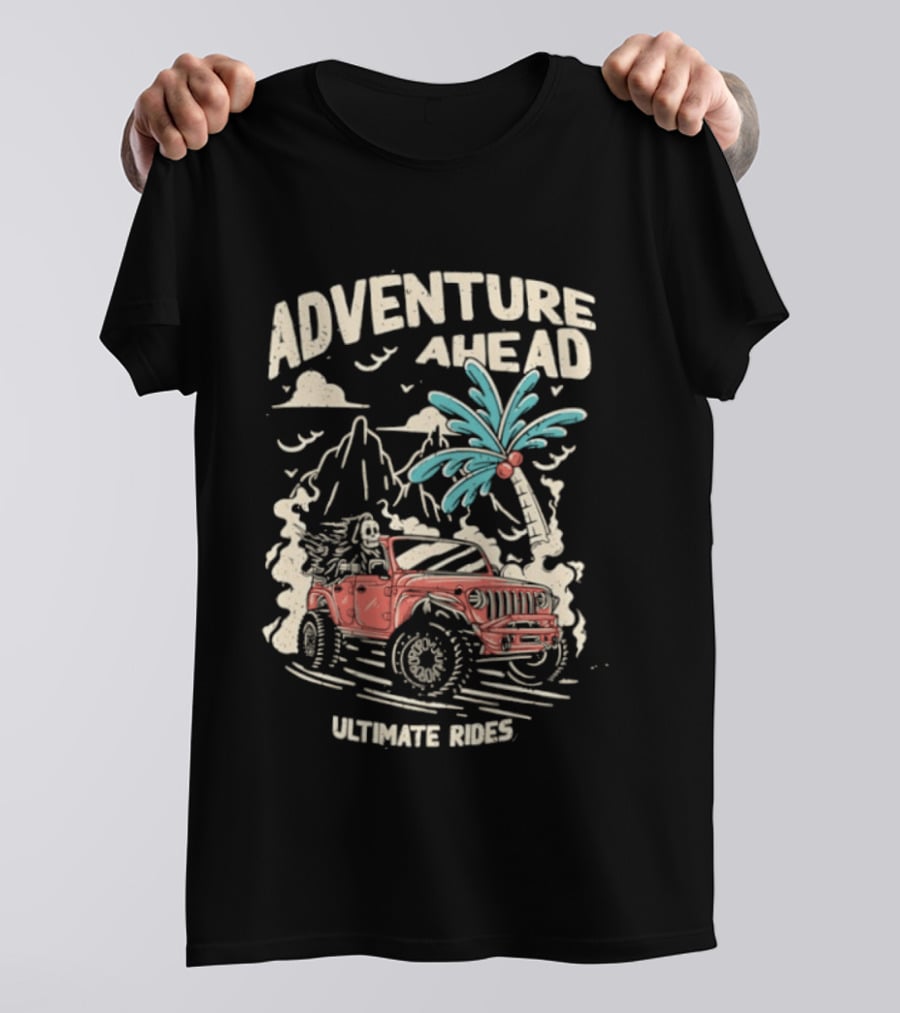 Adventure Ahead Ultimate Rides Jeep Beach Palm Trees Mountain T-Shirt