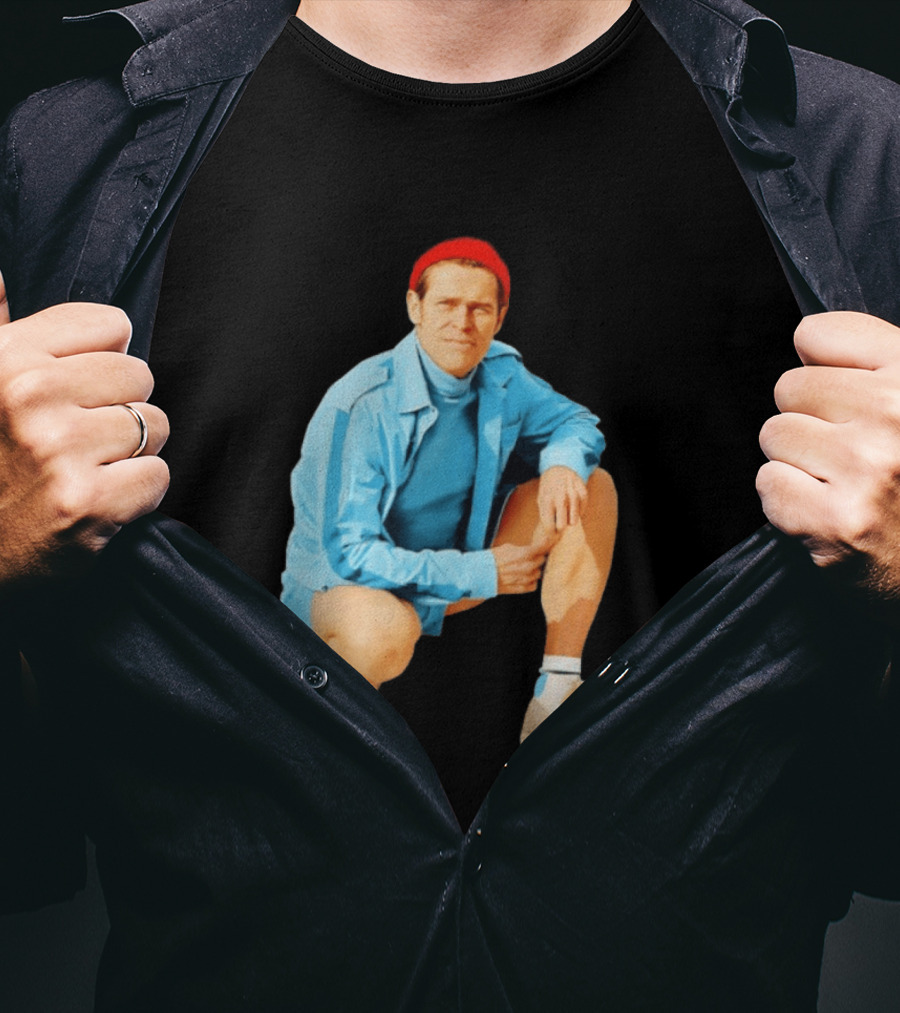 Klaus Willem Dafoe Retro Style With Red Beanie And Blue Tracksuit T-Shirt