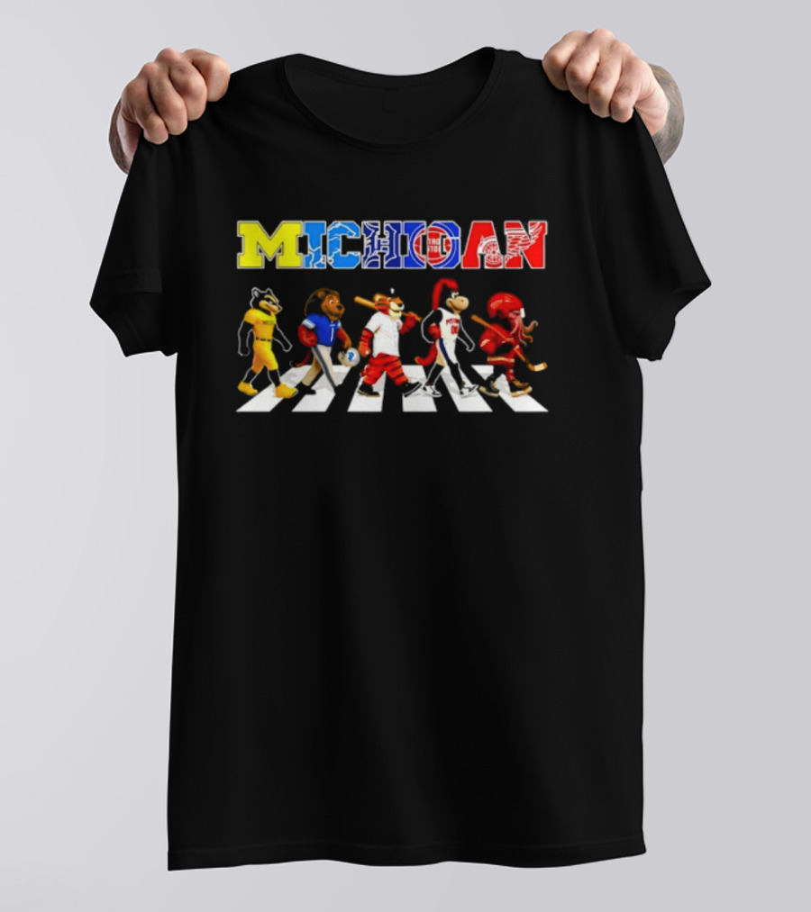 Michigan Sports Mascots Abbey Road Detroit Lions Pistons Tigers Red Wings Wolverine T-Shirt