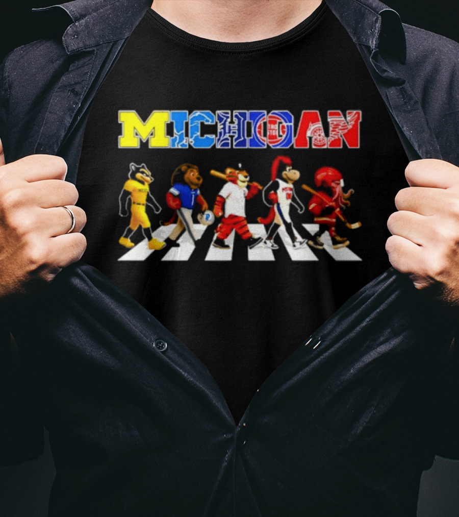 Michigan Sports Mascots Abbey Road Detroit Lions Pistons Tigers Red Wings Wolverine T-Shirt