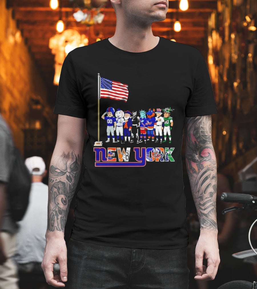 New York Sports Teams Mascots American Flag Giants Yankees Mets Rangers Knicks Jets T-Shirt