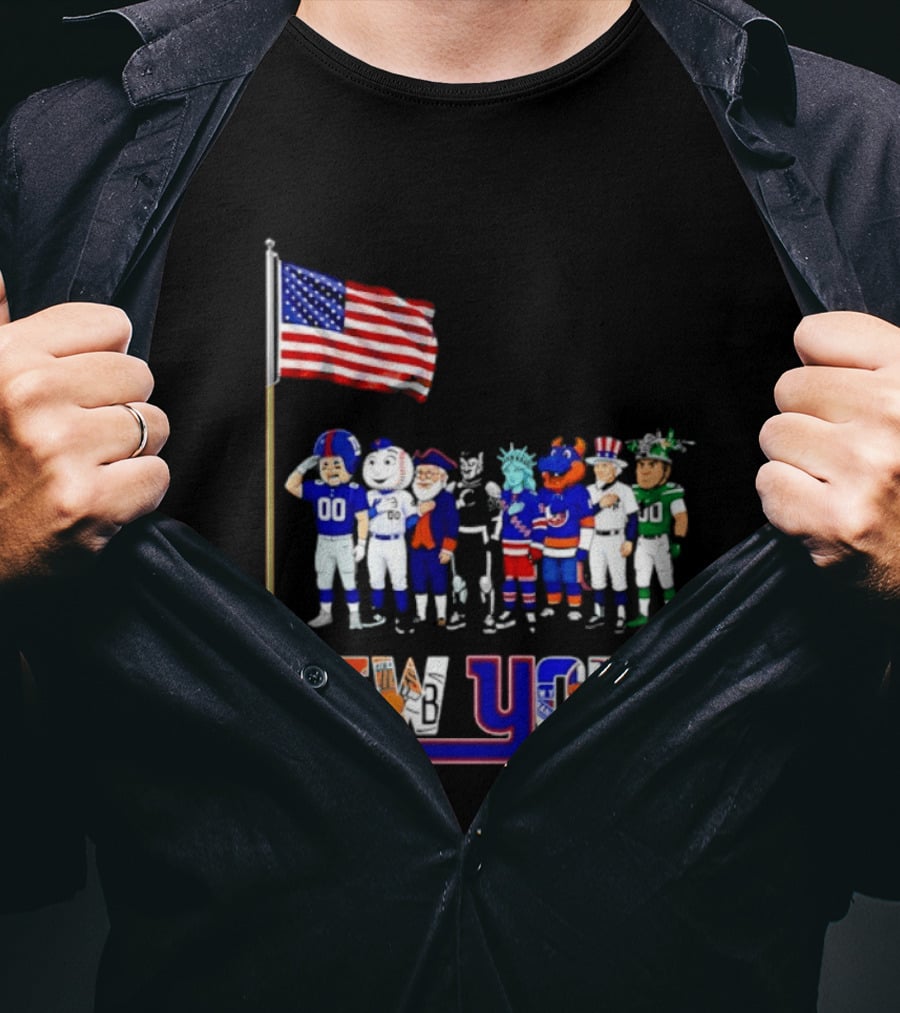 New York Sports Teams Mascots American Flag Giants Yankees Mets Rangers Knicks Jets T-Shirt