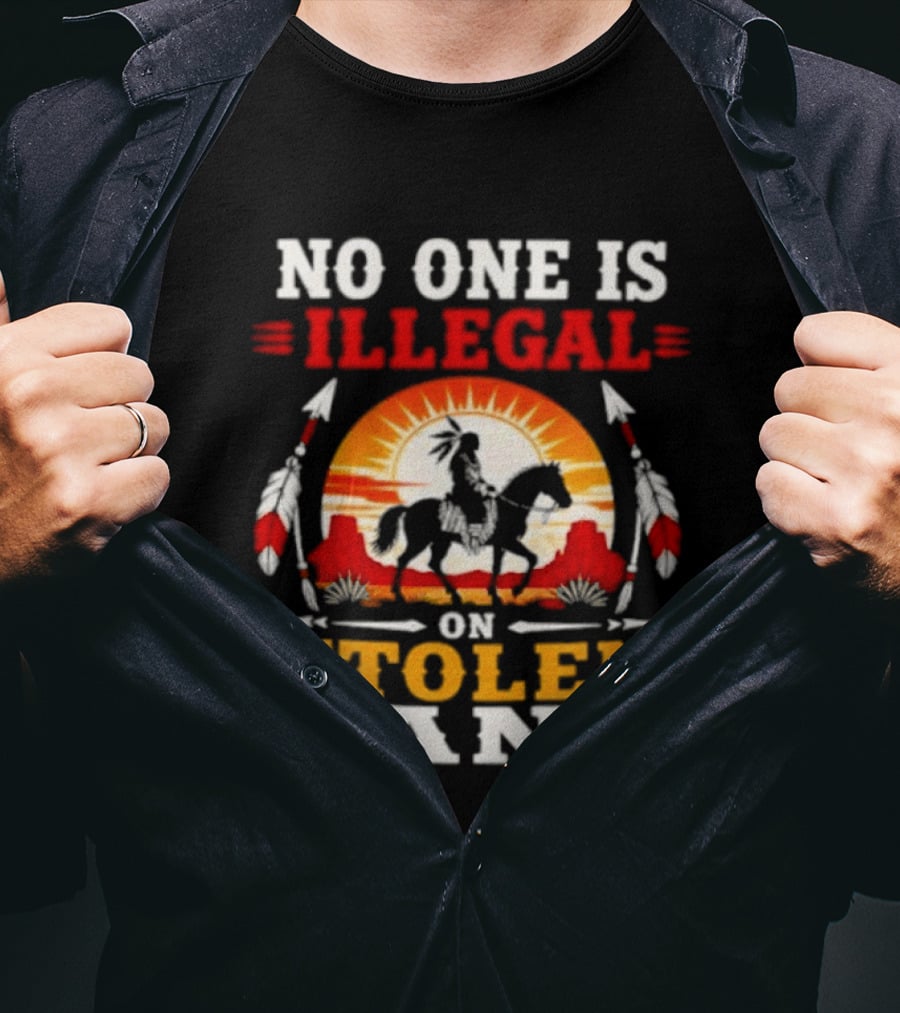 No One Is Illegal On Stolen Land Native American Horse And Sunburst T-Shirt