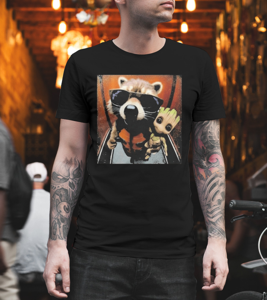 John Bates Raccoon And Baby Tree Alien With Sunglasses And Orange Suit T-Shirt