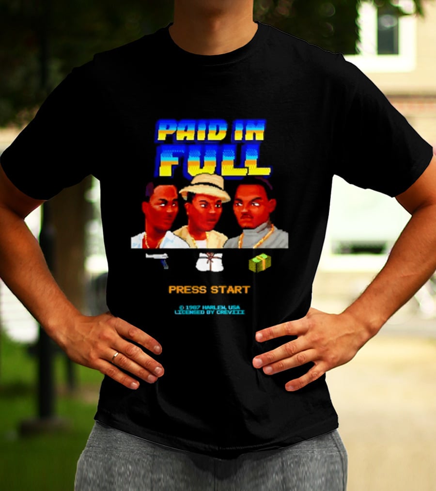 Paid In Full Press Start 1987 Harlem USA Three Figures With Hat Necklace And Gun T-Shirt