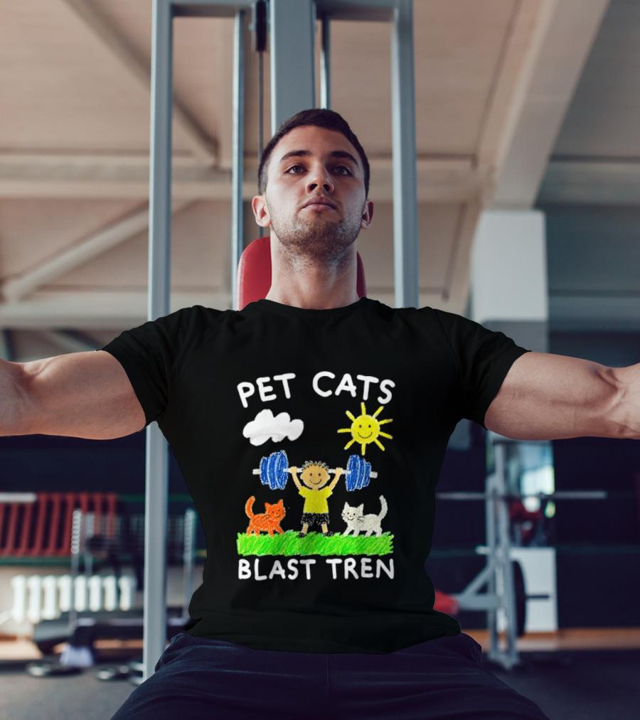 Pet Cats Blast Tren Bodybuilding Gym Child With Weights Sun And Clouds T-Shirt