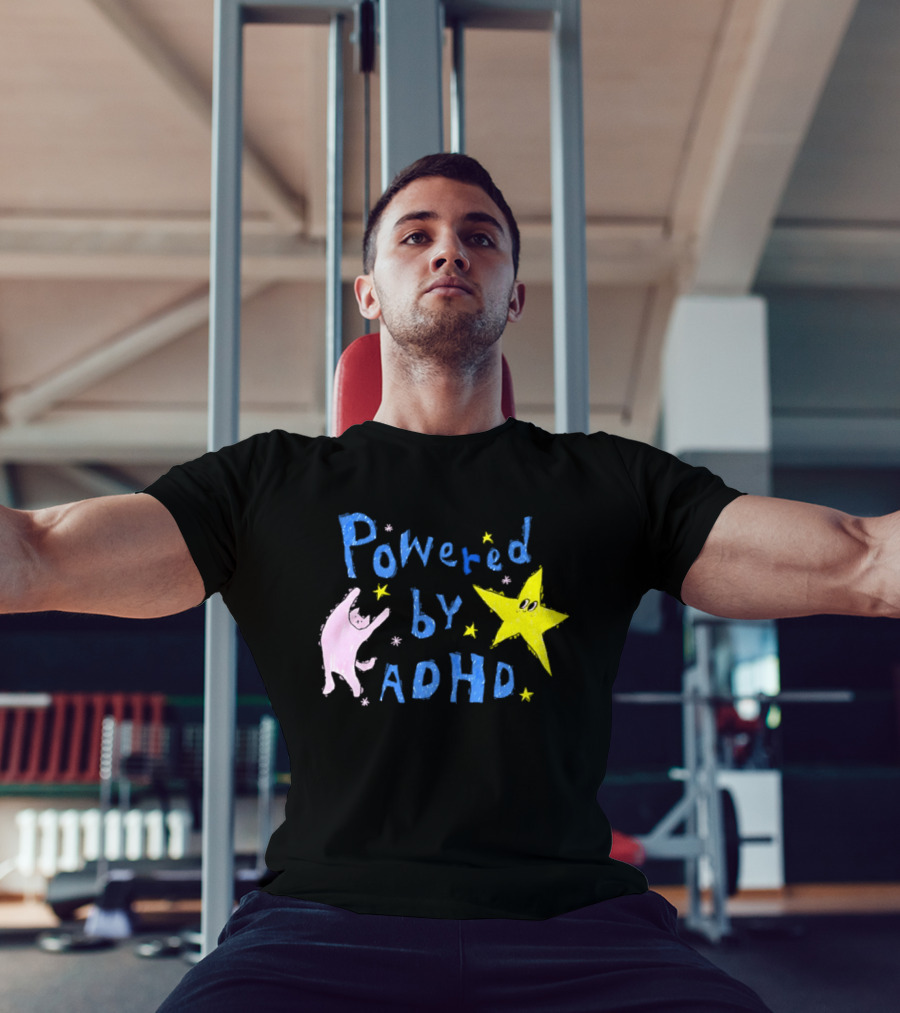 Powered By ADHD Neurodivergent Star And Cat With Yellow Stars T-Shirt