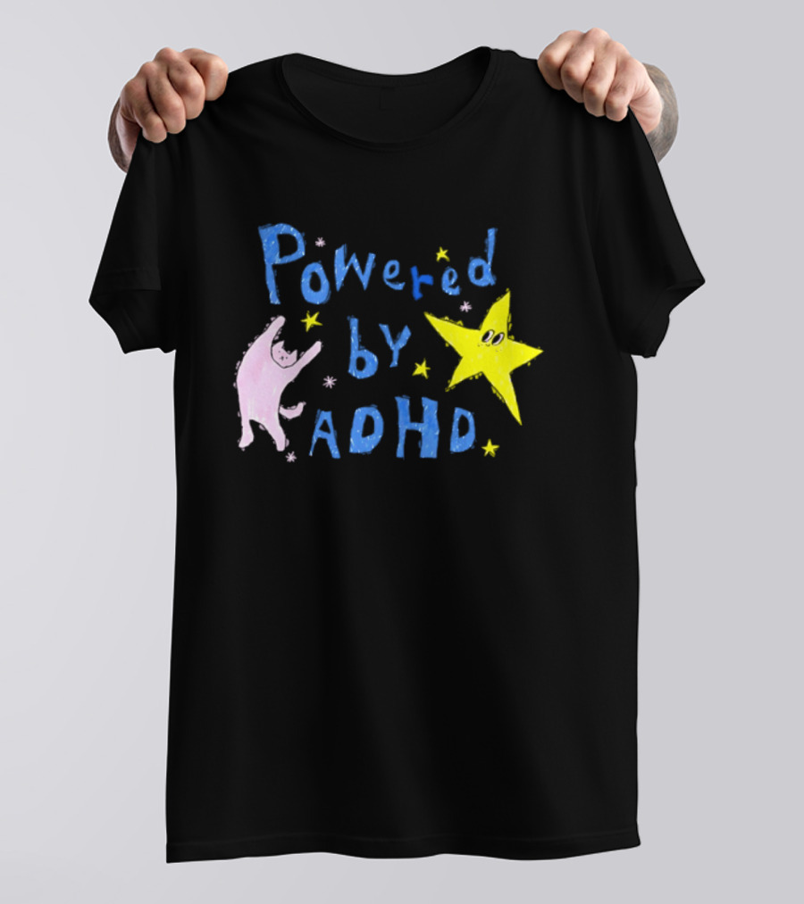 Powered By ADHD Neurodivergent Star And Cat With Yellow Stars T-Shirt
