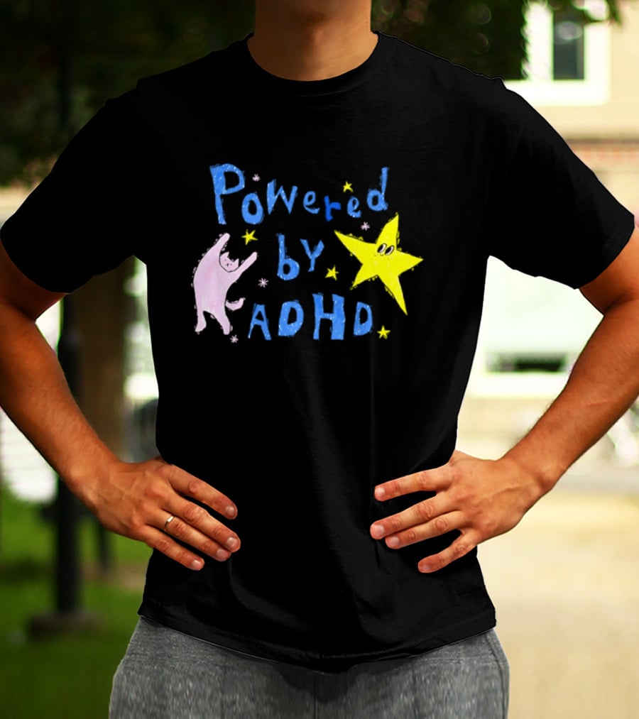 Powered By ADHD Neurodivergent Star And Cat With Yellow Stars T-Shirt