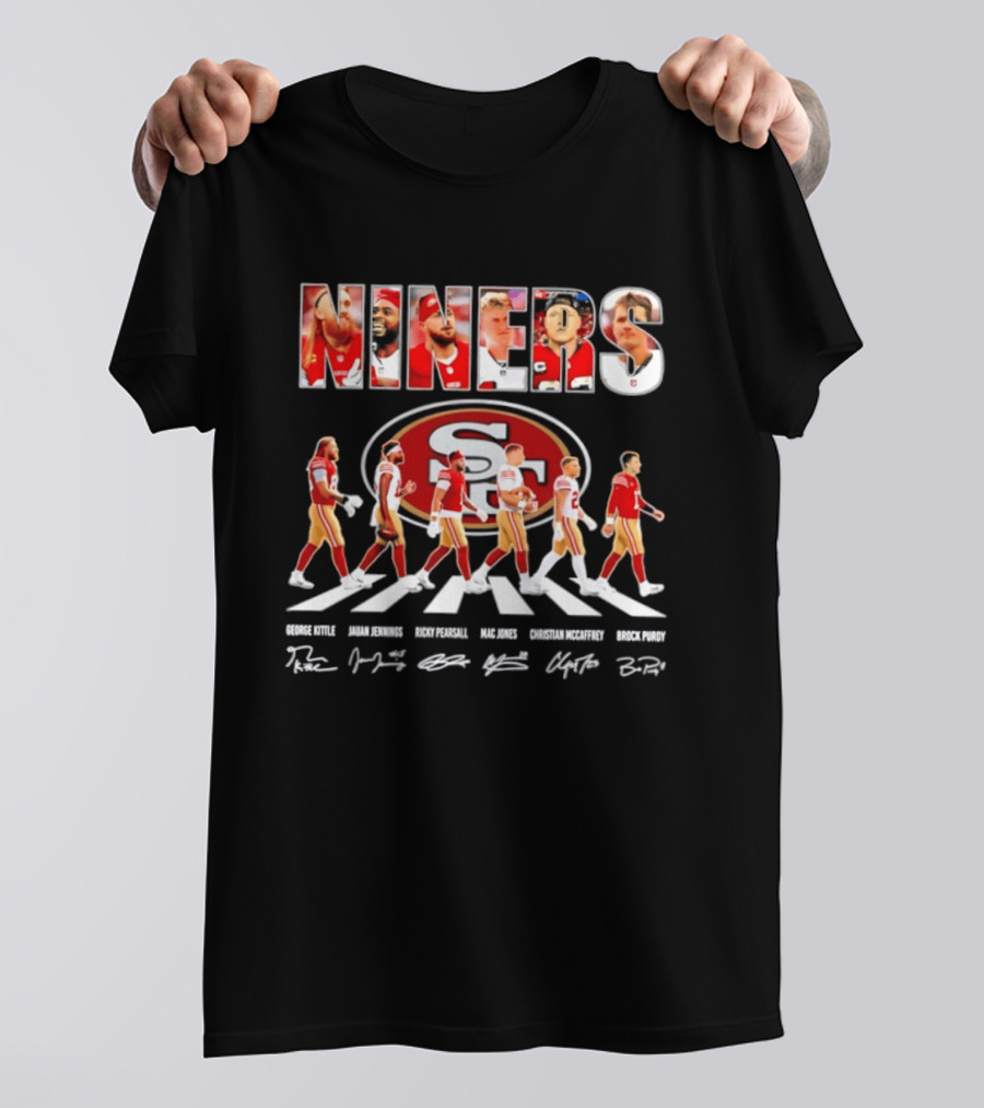 San Francisco 49ers George Kittle Jauan Jennings Ricky Pearsall Mac Jones Christian McCaffrey NINERS Walk NFL Legends Signatures T-Shirt