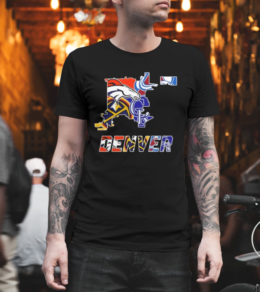 Denver Broncos Nuggets Avalanche Rockies Map Sports Team Logos T-Shirt