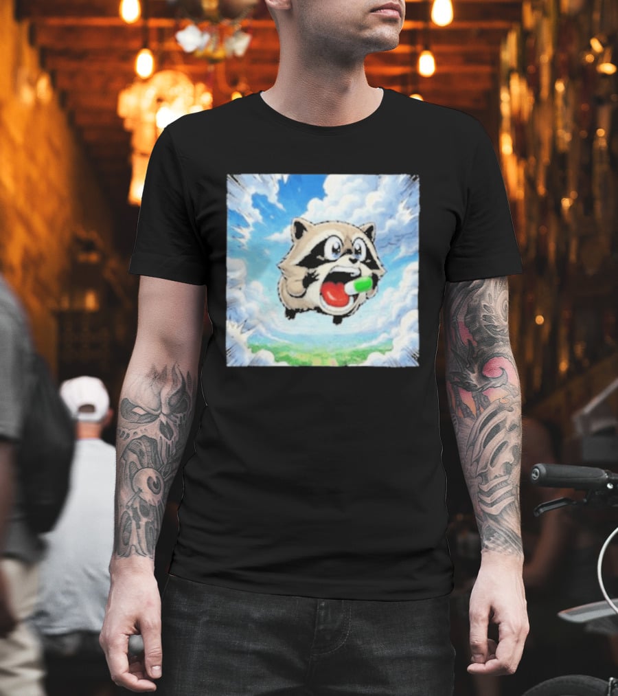 Jimothy Raccoon Cartoon Sky Dive With Colorful Capsule T-Shirt