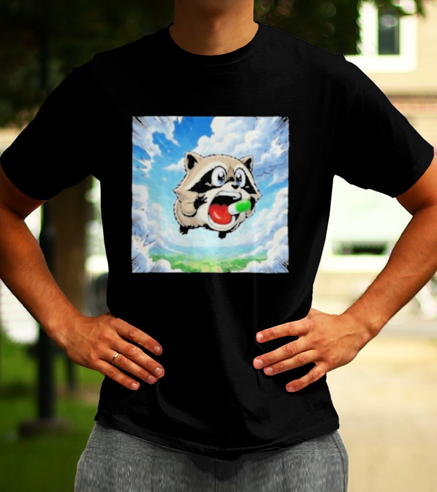 Jimothy Raccoon Cartoon Sky Dive With Colorful Capsule T-Shirt