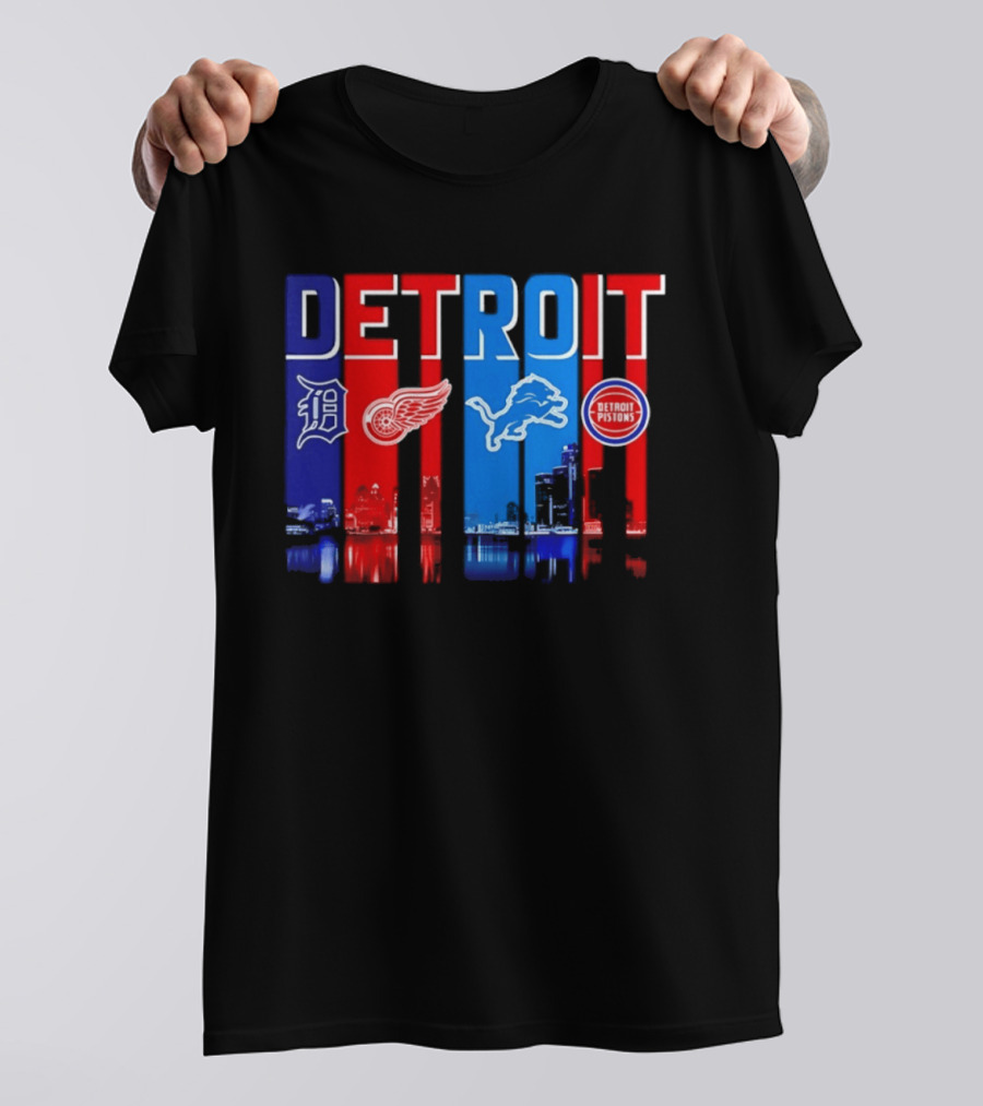 Detroit Tigers Red Wings Lions Pistons City Skyline 2026 T-Shirt