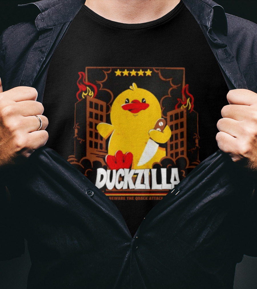 Duckzilla Beware The Quack Attack Knife Wielding Giant Duck With Burning Buildings T-Shirt