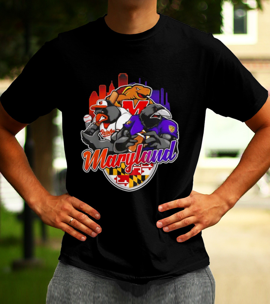 Maryland Orioles Ravens Terrapins Skyline Mashup With Flag T-Shirt