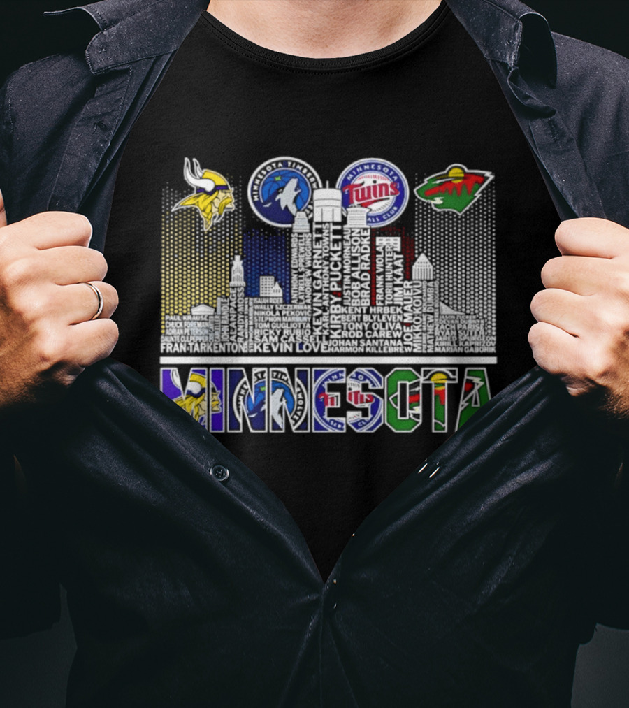 Minnesota Vikings Timberwolves Twins Wild Skyline Roster Names T-Shirt
