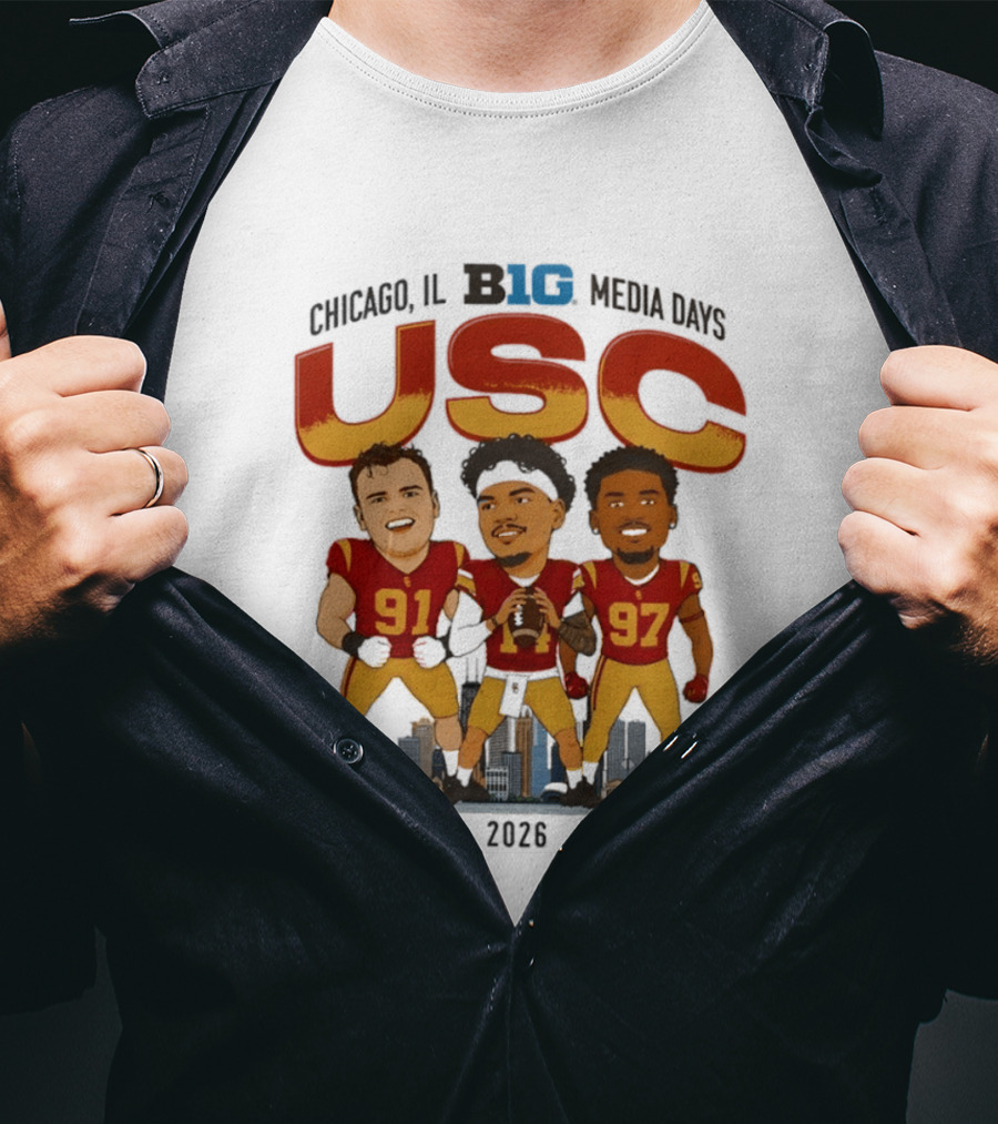 USC Trojans Big Ten Media Days 2026 Chicago Skyline Caricature Jayden Maiava Alex VanSumeren Jide Abasiri T-Shirt