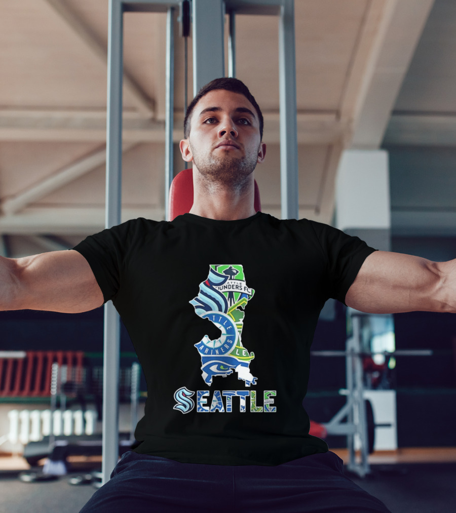 Seattle Kraken Mariners Seahawks Sounders FC Map Collage 2026 T-Shirt