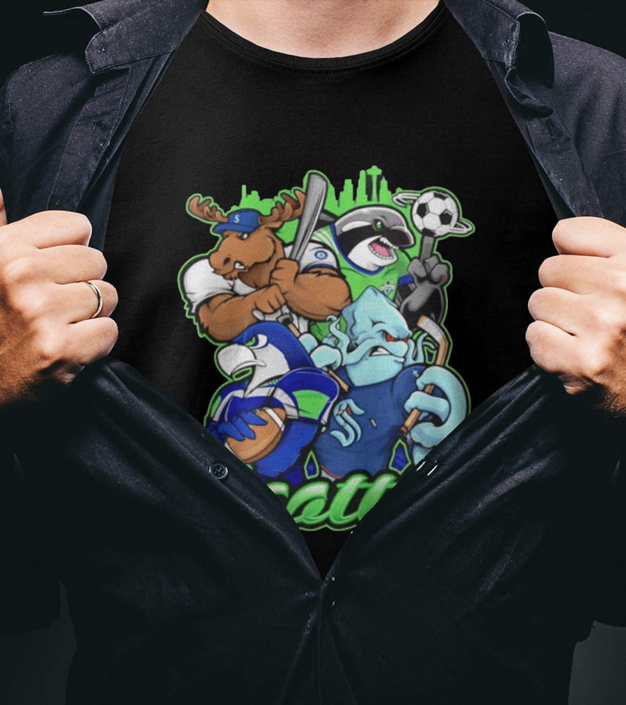 Seattle Sports Team Mascot Mashup With Moose Orca Octopus Bird Skyline T-Shirt