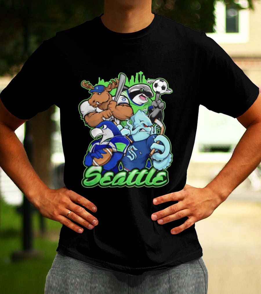 Seattle Sports Team Mascot Mashup With Moose Orca Octopus Bird Skyline T-Shirt