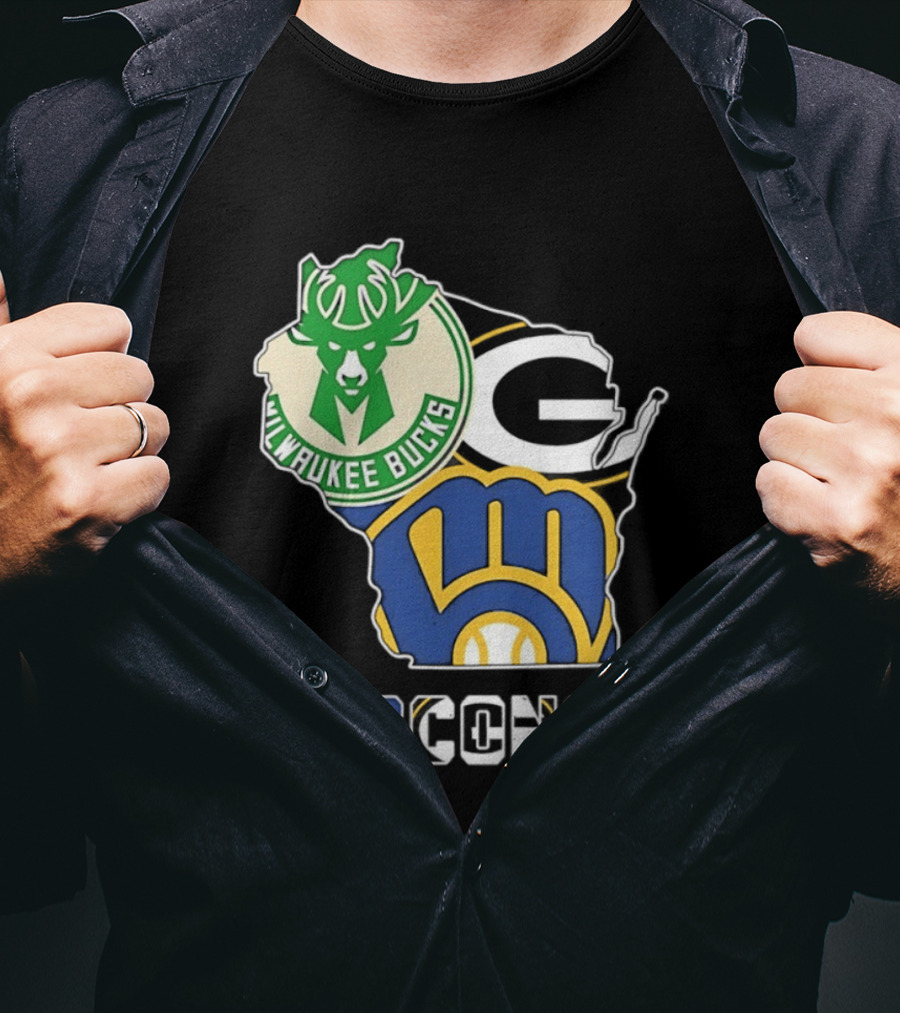 Milwaukee Bucks Green Bay Packers Milwaukee Brewers Wisconsin Map T-Shirt